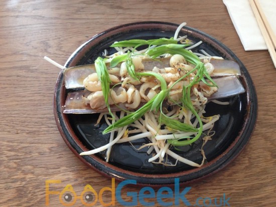 Seared Razor Clams, Beansprouts & Wild Pea Shoots
