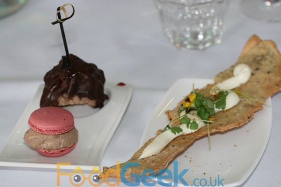 Chicken Liver Macaroon, Lamb Lollypop, Cream Cheese Cracker