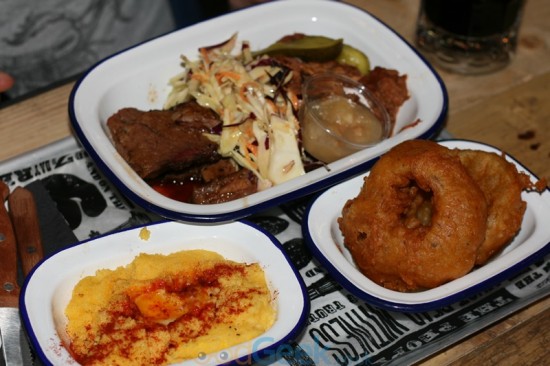 Brisket, Pulled Pork, Grits & Onion Rings