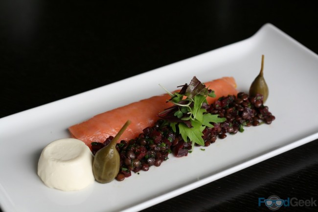 Smoked salmon, horseradish panna cotta, beetroot salad, caper berries