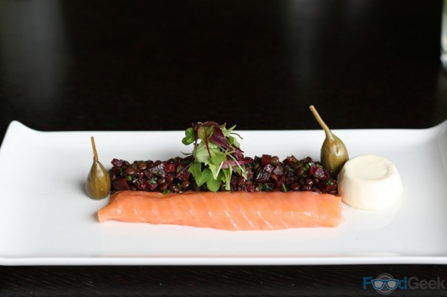 Smoked salmon, horseradish panna cotta, beetroot salad, caper berries