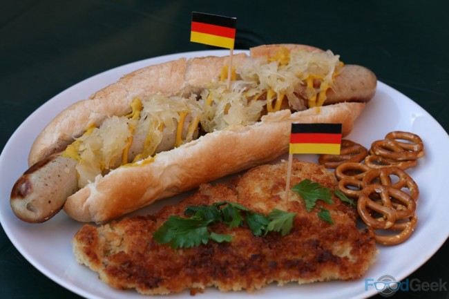 Bratwurst with Sauerkraut, Chicken Schnitzel & Pretzels