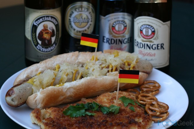 Bratwurst with Sauerkraut, Chicken Schnitzel, Pretzels & Beer