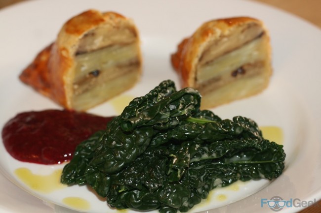 Aubergine & Potato Dauphinoise Wellington, Damson Chutney, Cavolo Nero