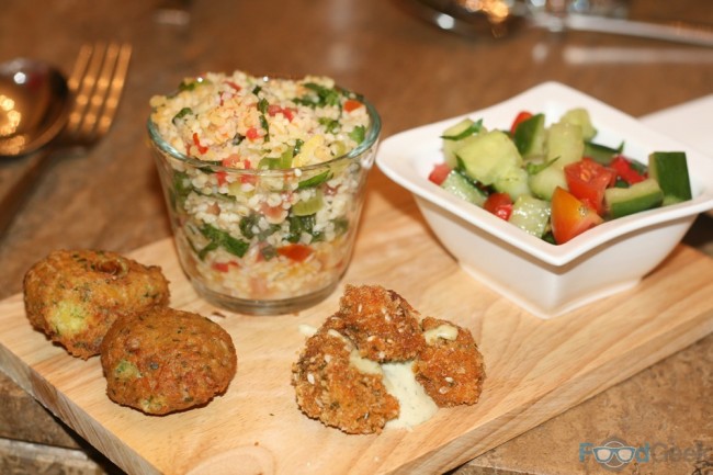 Mezze:  falafel, tabbouleh, israeli salad & fried olives