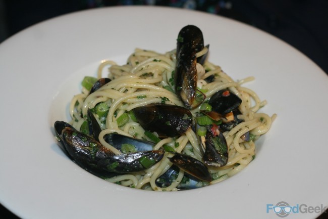 Spaghettini of queenie scallops, king prawns and mussels