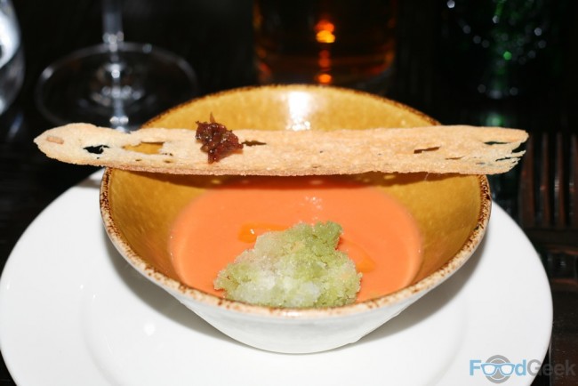 Salmorejo (thick gazpacho) with green apple & basil granita & sun blushed tomato.