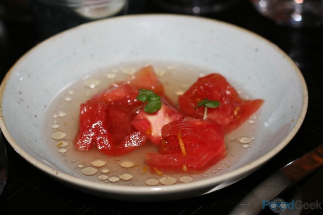 Two texture tomato salad with orange zest & vanilla oil. 