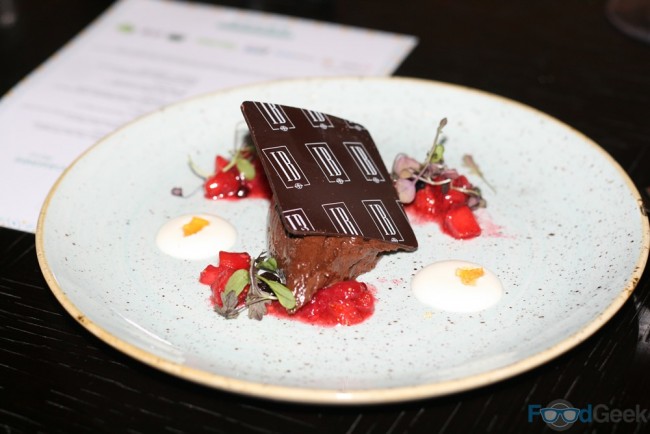 Chocolate mousse with herbs cress & red fruit salad, yoghurt, vanilla oil & cider gel