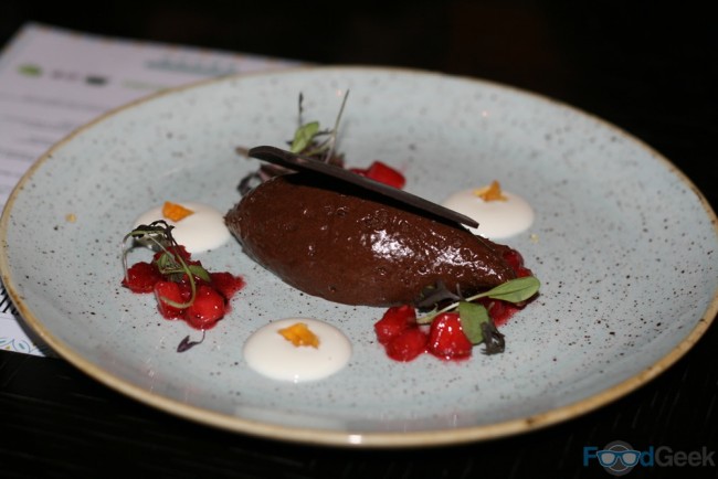 Chocolate mousse with herbs cress & red fruit salad, yoghurt, vanilla oil & cider gel