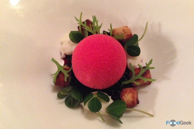 Beetroot parfait, blackcurrant, curd cheese & hibiscus 